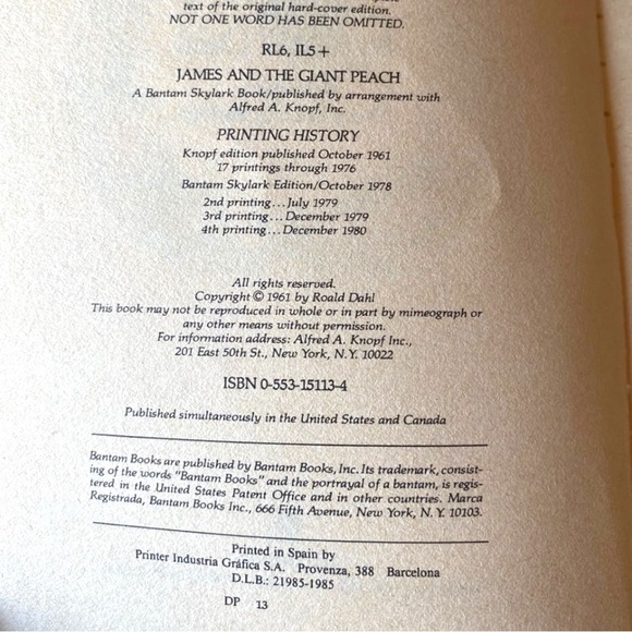 VINTAGE 1980 James and the Giant Peach by Roald Dahl | Bantam Skylark Paperback - Picture 12 of 13